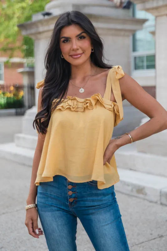 Not Easy To Forget Yellow Tie Shoulder Ruffle Trim Tank FINAL SALE sold by Pink Lily