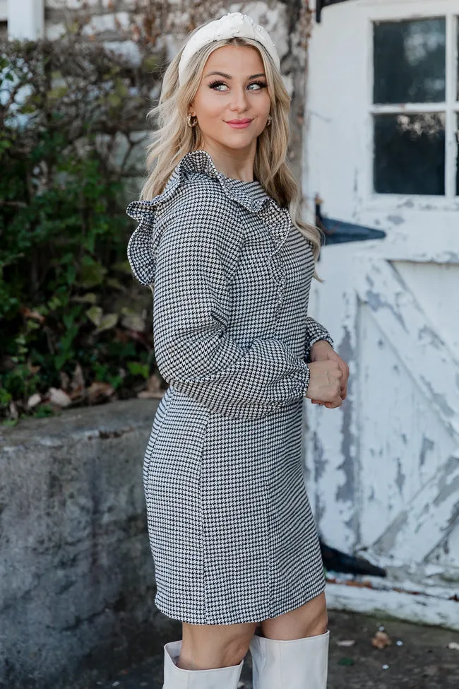 Escape To Comfort Houndstooth Ruffle Trim Long Sleeve Mini Dress FINAL SALE sold by Pink Lily product image thumbnail 3