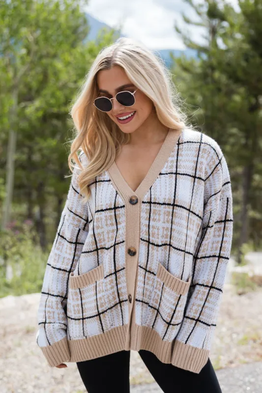 Never Settle Tan Plaid Cardigan SALE sold by Pink Lily