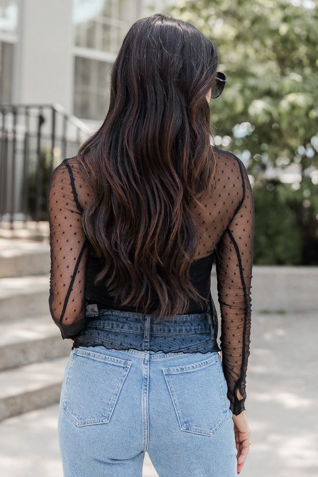 Never Gonna Give Up Black Polka Dot Mesh Mock Neck Blouse sold by Pink Lily product image thumbnail 4