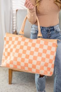 Fuzzy Orange Checkered Tote Bag FINAL SALE sold by Pink Lily