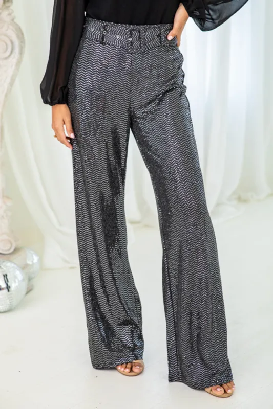 Looks Can Kill Charcoal Belted Sequin Flare Pants FINAL SALE sold by Pink Lily