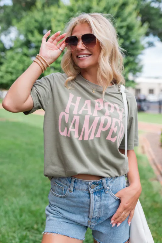 Happy Camper Olive Oversized Graphic Tee sold by Pink Lily