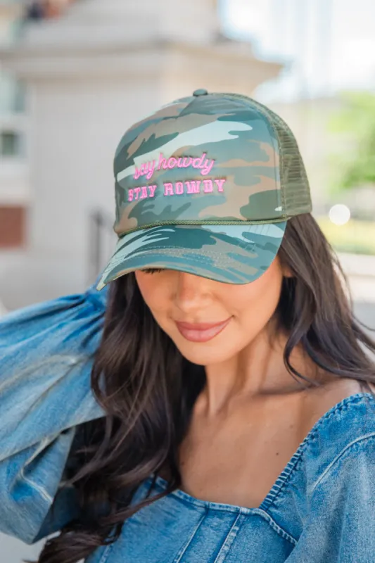 Say Howdy Stay Rowdy Camo Trucker Hat made by Pink Lily