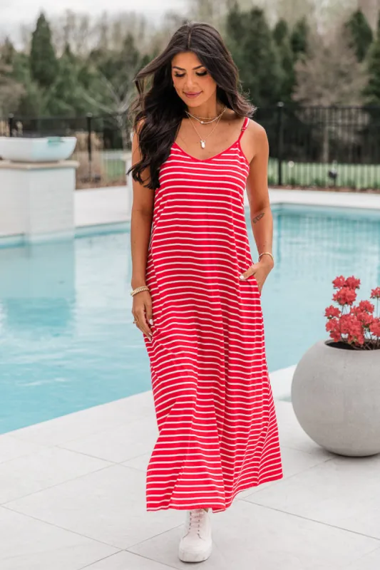 Summertime's Close Red Striped Knit Maxi Dress sold by Pink Lily