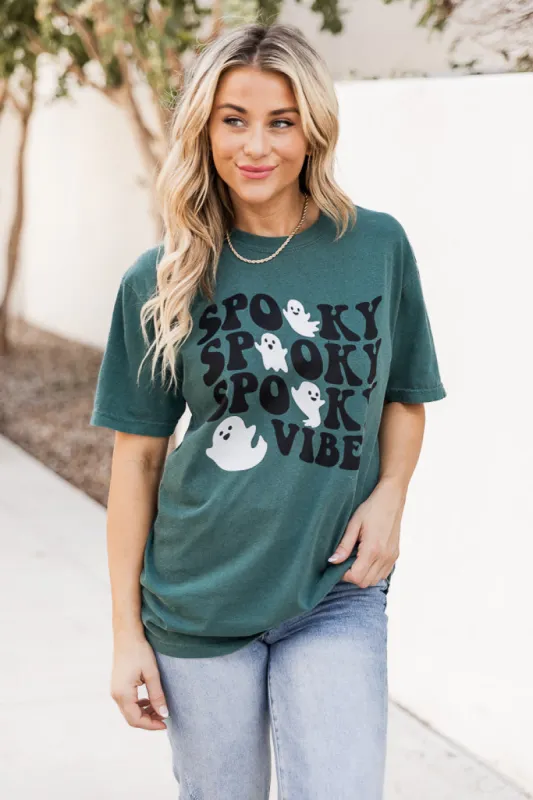 Spooky Vibes Ghost Dark Green Graphic Tee DOORBUSTER made by Pink Lily