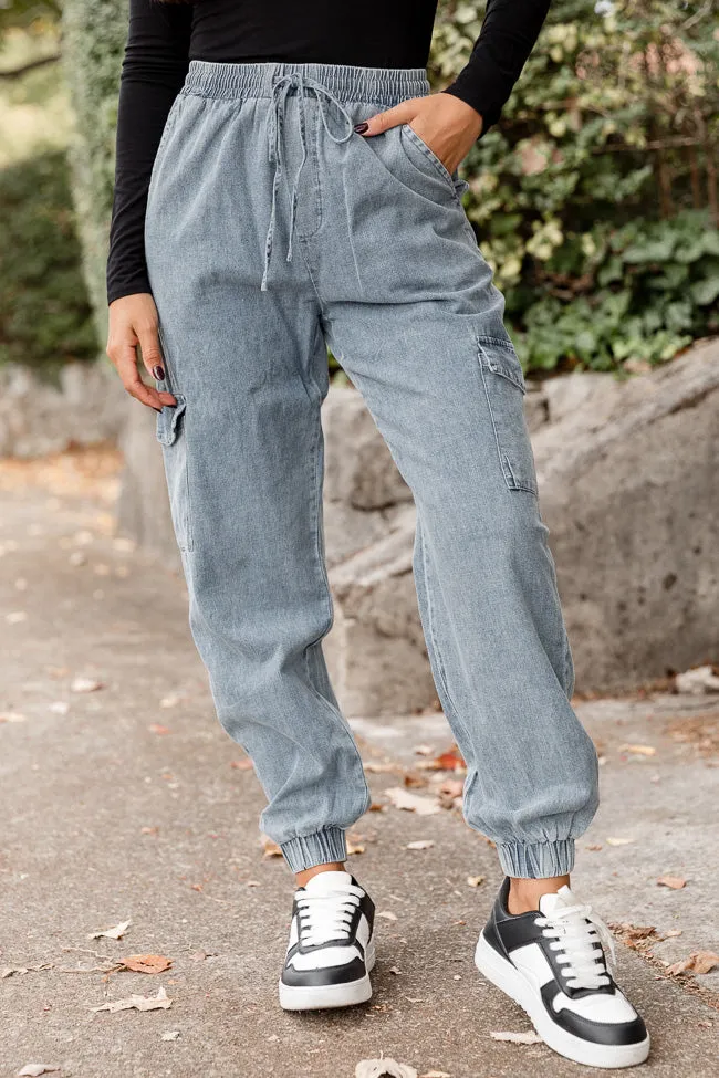 Keep Moving Forward Light Wash Chambray Cargo Joggers FINAL SALE sold by Pink Lily