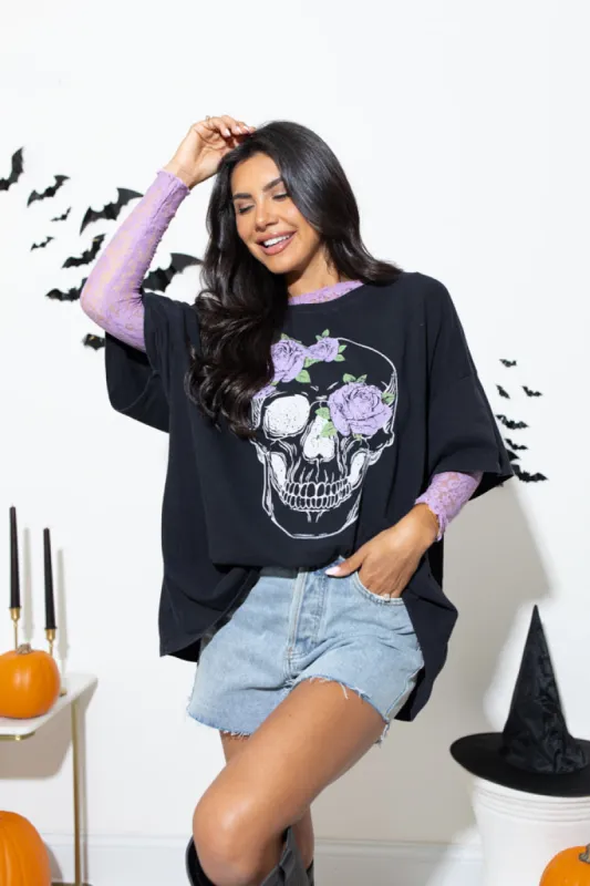 Floral Skull Black Hyfve Oversized Graphic Tee sold by Pink Lily