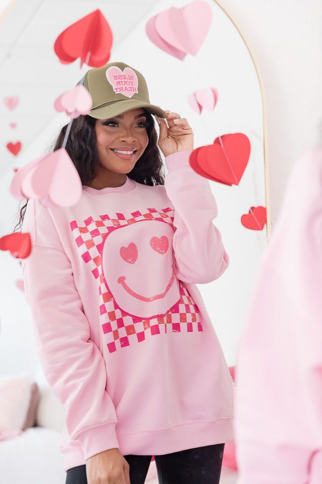 Pink Checkered Smiley Light Pink Oversized Graphic Sweatshirt sold by Pink Lily