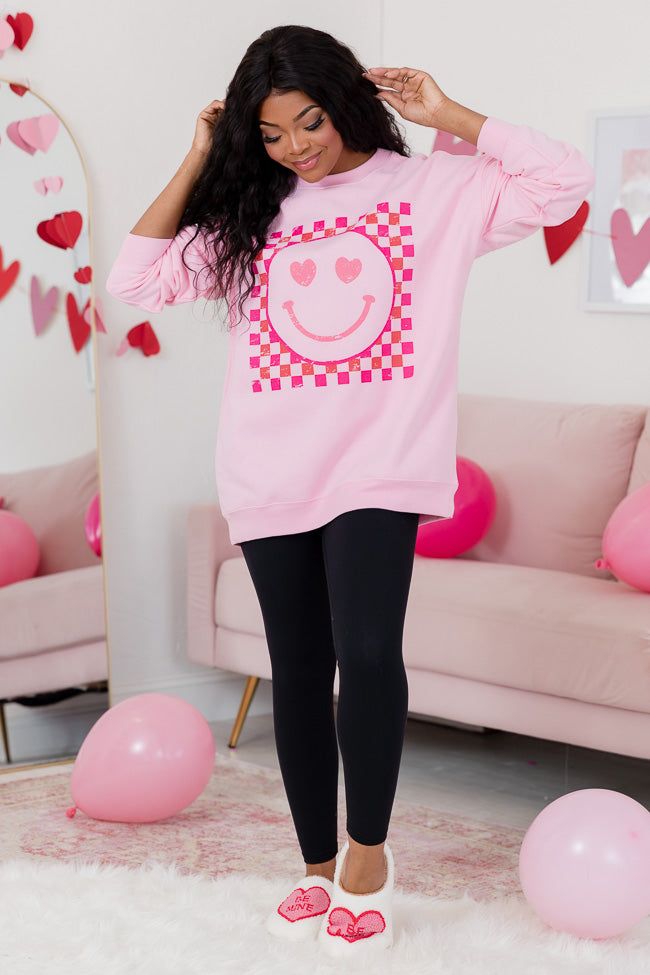 Pink Checkered Smiley Light Pink Oversized Graphic Sweatshirt sold by Pink Lily product image thumbnail 5