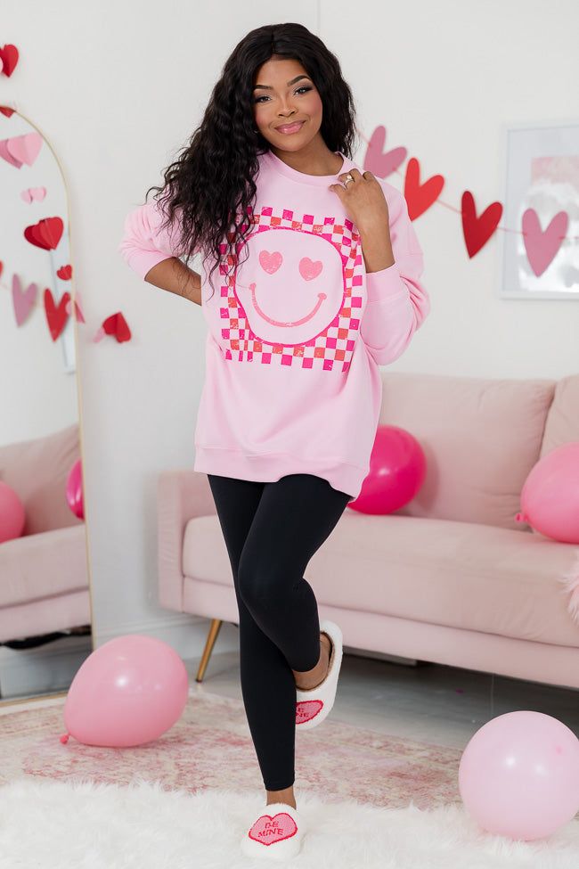 Pink Checkered Smiley Light Pink Oversized Graphic Sweatshirt sold by Pink Lily product image thumbnail 2