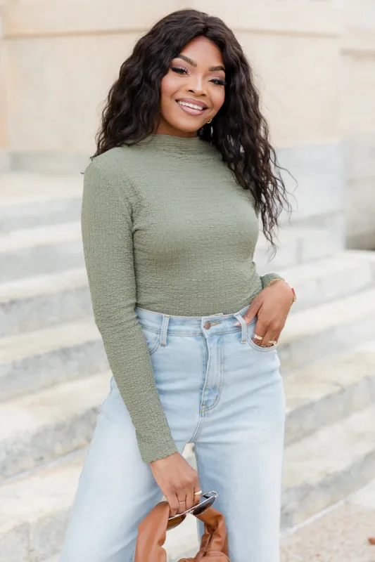 Sweetest Thing Olive Textured Mock Neck Bodysuit FINAL SALE sold by Pink Lily