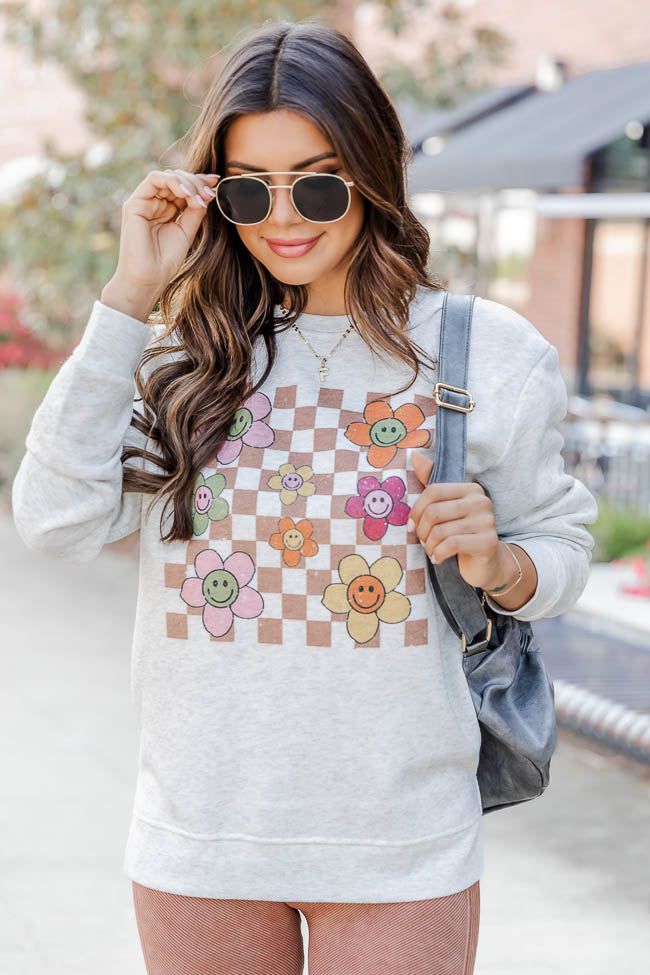 Daisy Checkered Heather Ash Graphic Sweatshirt FINAL SALE sold by Pink Lily
