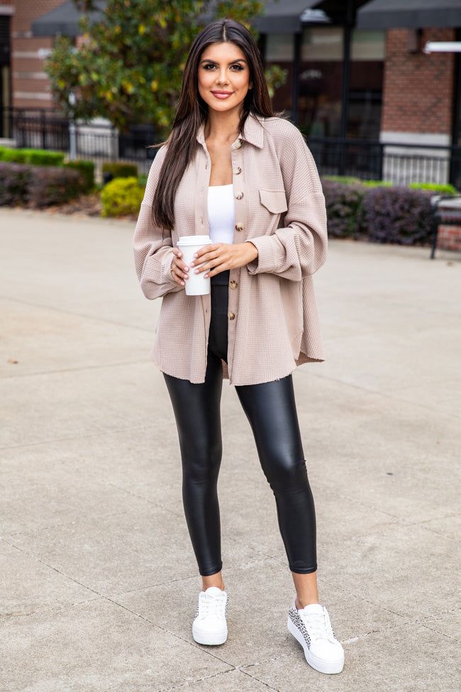 Change The Game Oatmeal Waffle Knit Shacket sold by Pink Lily