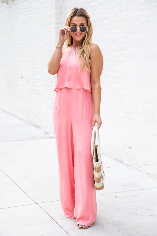 Know No Limits Coral Halter Jumpsuit FINAL SALE sold by Pink Lily