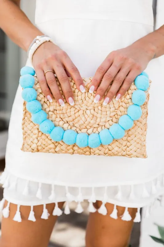Pom Pomp and Circumstance Blue Pom Straw Clutch FINAL SALE sold by Pink Lily