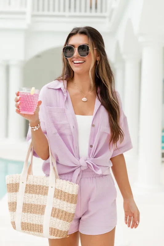 Let Me Adore You Short Sleeve Purple Button Front Gauze Blouse FINAL SALE sold by Pink Lily