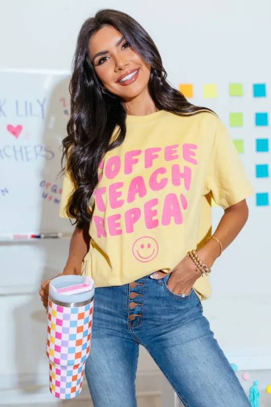 Coffee Teach Repeat Mustard Oversized Graphic Tee sold by Pink Lily
