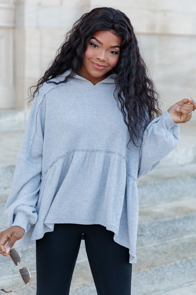 Gotta Get Going Grey Ribbed Knit Hoodie sold by Pink Lily product image thumbnail 3