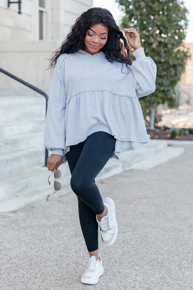 Gotta Get Going Grey Ribbed Knit Hoodie sold by Pink Lily product image thumbnail 2