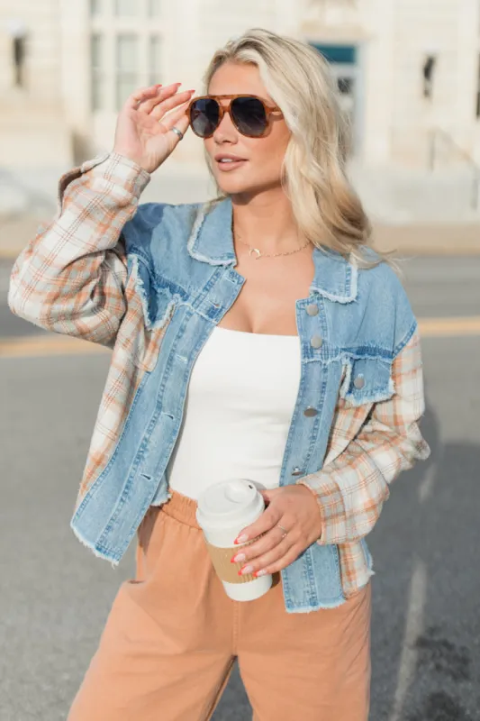Leads To You Brown Plaid and Denim Jacket FINAL SALE sold by Pink Lily