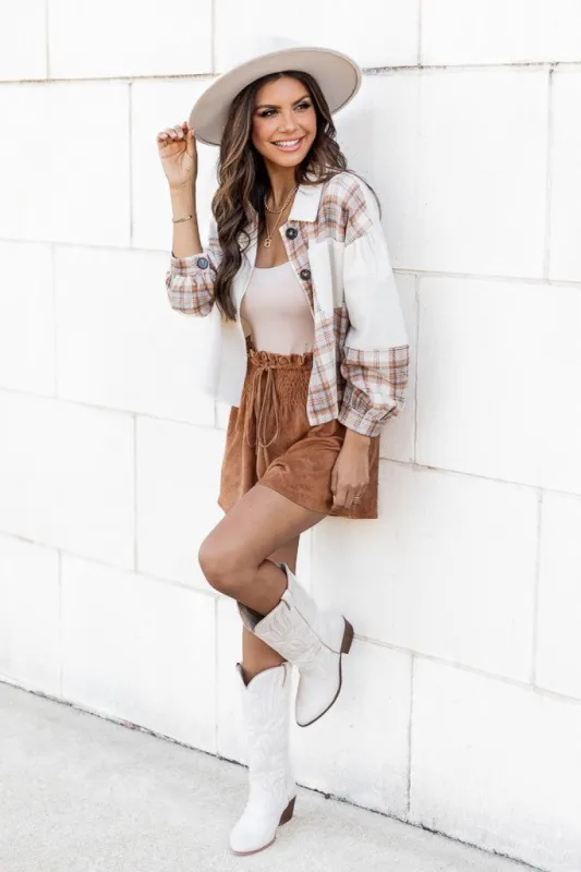 Sure Felt Right Ivory Corduroy Plaid Colorblock Shacket FINAL SALE sold by Pink Lily