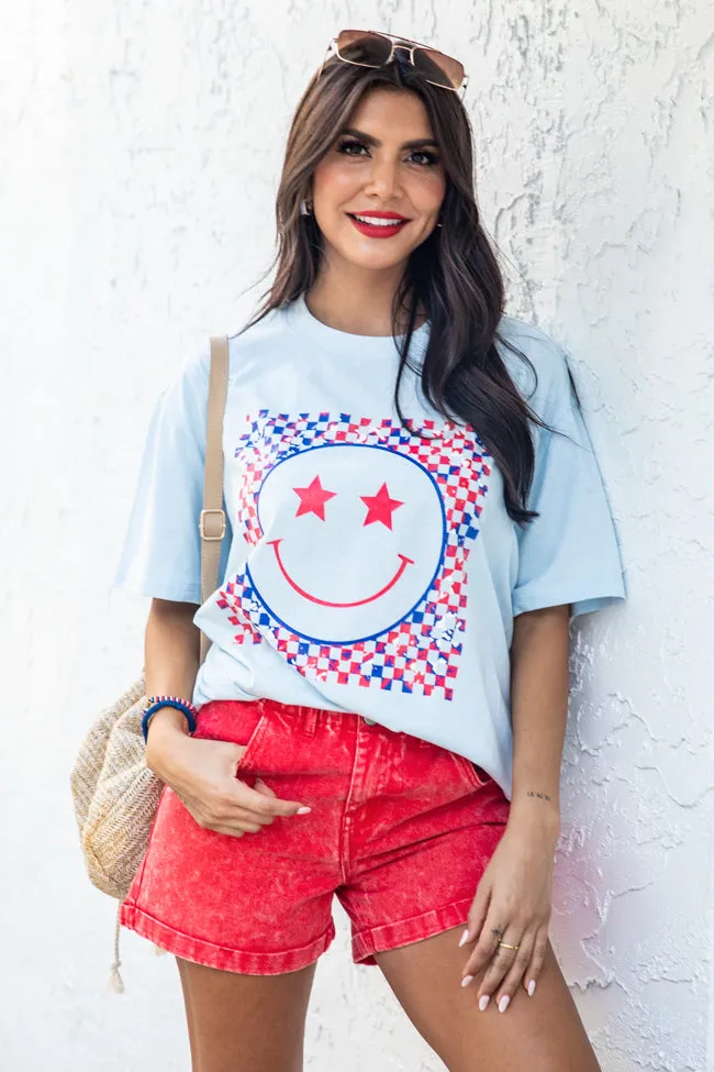 Multi Patriotic Smiley Checkered Ice Blue Graphic Tee sold by Pink Lily