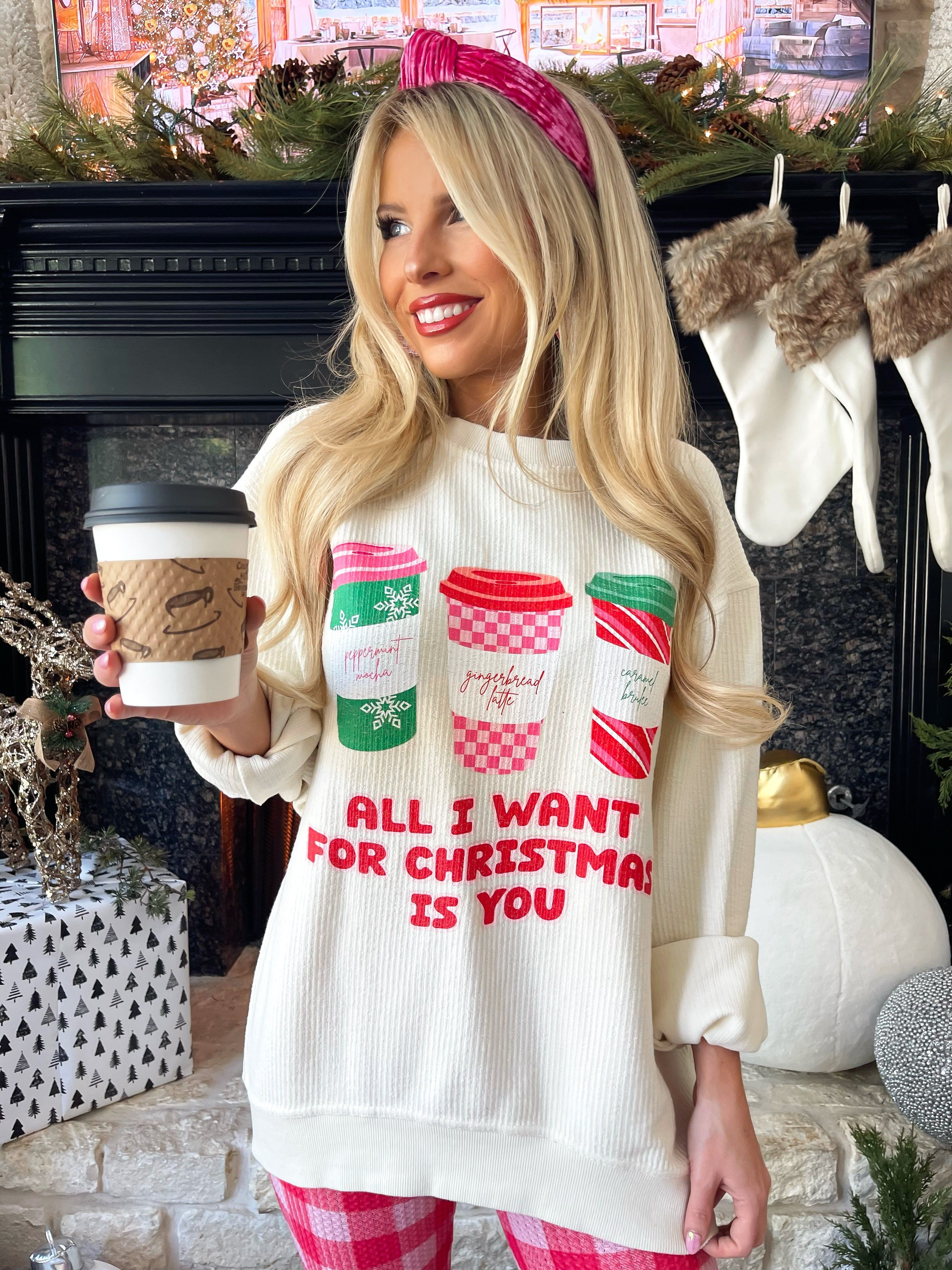 All I Want For Christmas Is You Ivory Corded Graphic Sweatshirt sold by Pink Lily