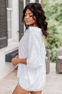Make You Mine Blue Striped Short Sleeve Button Front Blouse FINAL SALE sold by Pink Lily