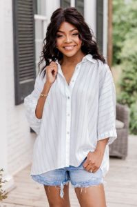 Make You Mine Blue Striped Short Sleeve Button Front Blouse FINAL SALE sold by Pink Lily