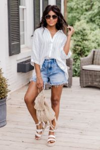 Make You Mine Blue Striped Short Sleeve Button Front Blouse FINAL SALE sold by Pink Lily