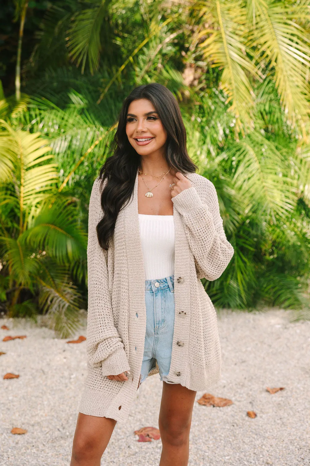 With The Girls Beige Open Knit Button Front Cardigan sold by Pink Lily