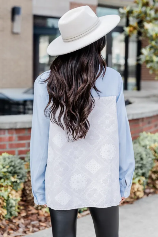 A New Light Paisley Detail Chambray Blouse FINAL SALE sold by Pink Lily