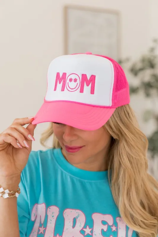 Mom Smiley White Hot Pink Trucker Hat SALE sold by Pink Lily