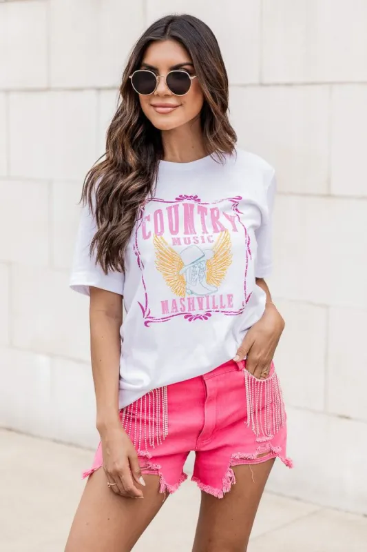 Country Music Nashville White Graphic Tee sold by Pink Lily
