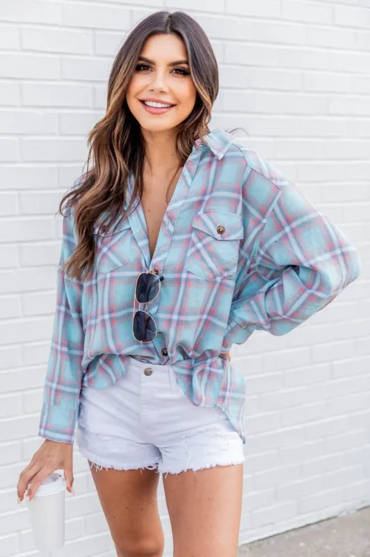 Flattering Style Blue Multi Plaid Button Up Blouse FINAL SALE sold by Pink Lily