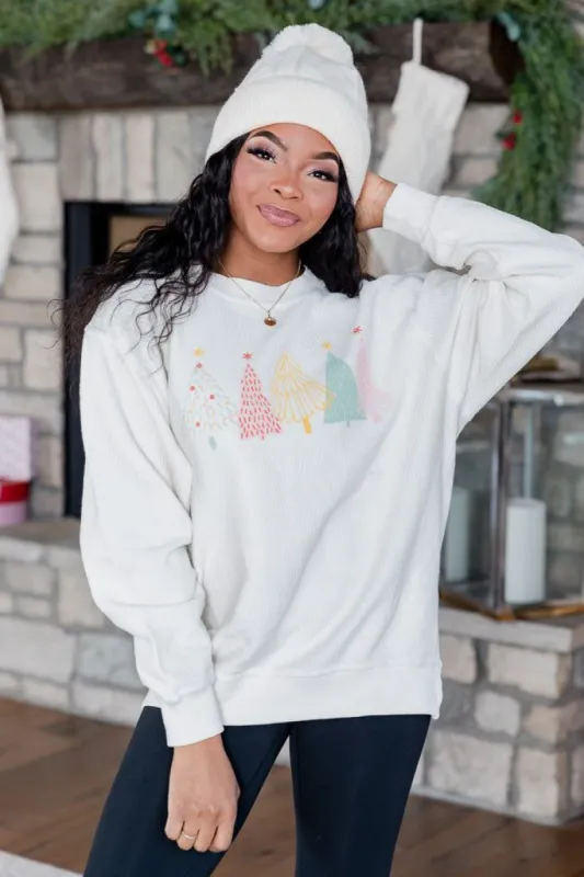 Christmas Trees Multi Ivory Corded Graphic Sweatshirt sold by Pink Lily