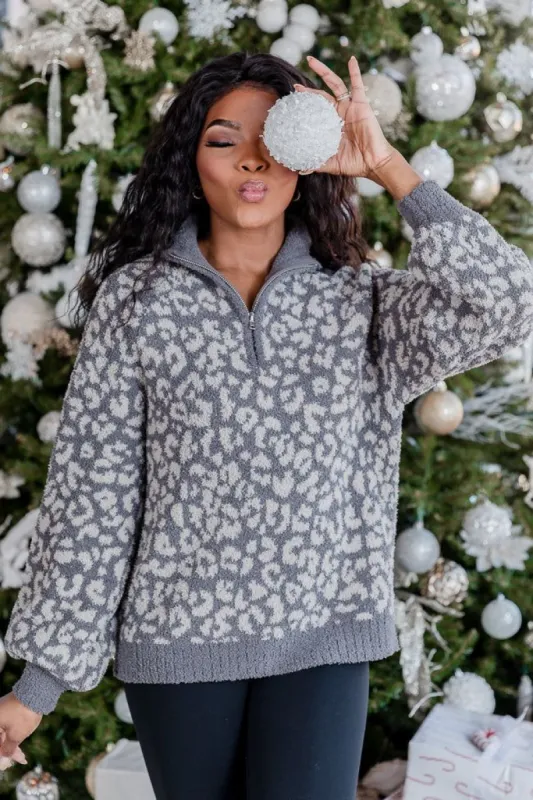 All Cozied Up Fuzzy Grey Leopard Quarter Zip Pullover FINAL SALE sold by Pink Lily