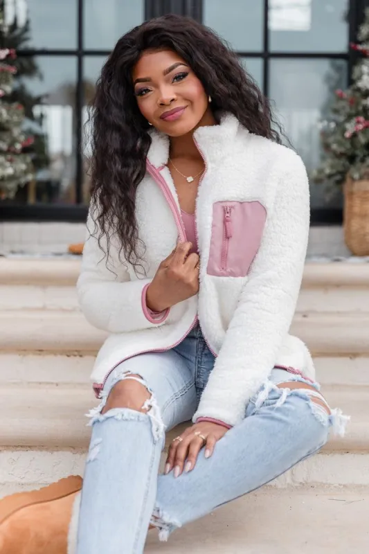 Snowflake Wishes Ivory And Pink Sherpa Zip Up Jacket sold by Pink Lily