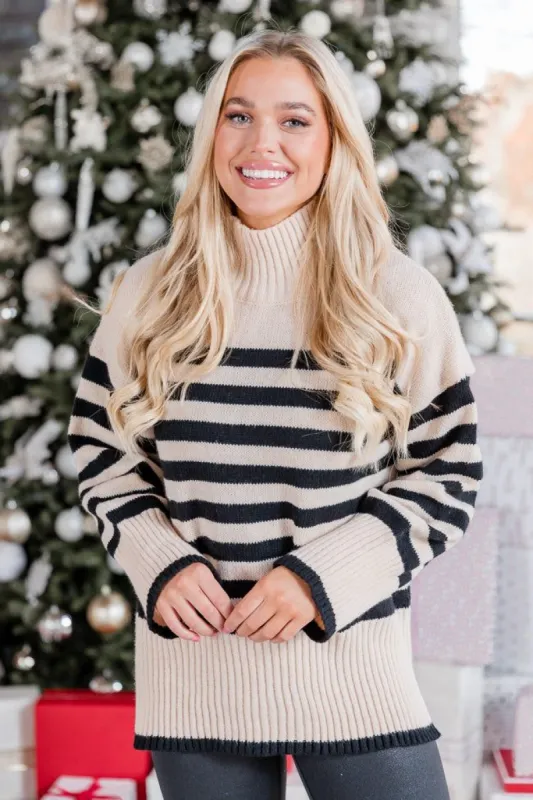 Seasonal Warmth Black And Cream Striped Mock Neck Sweater sold by Pink Lily