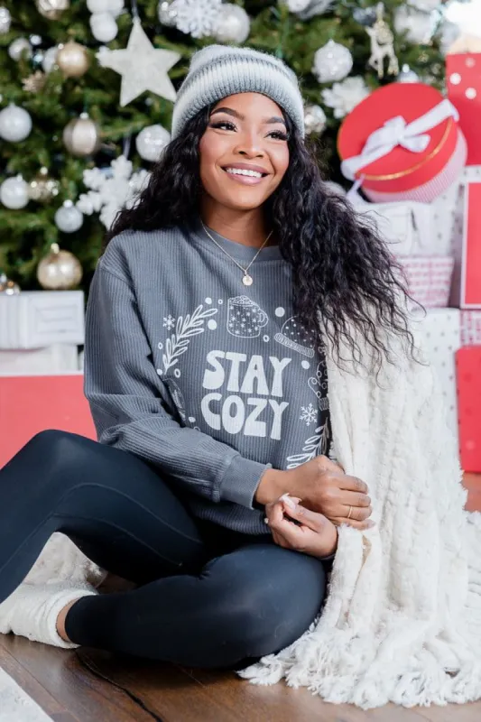 Stay Cozy Winter Charcoal Corded Graphic Sweatshirt made by Pink Lily
