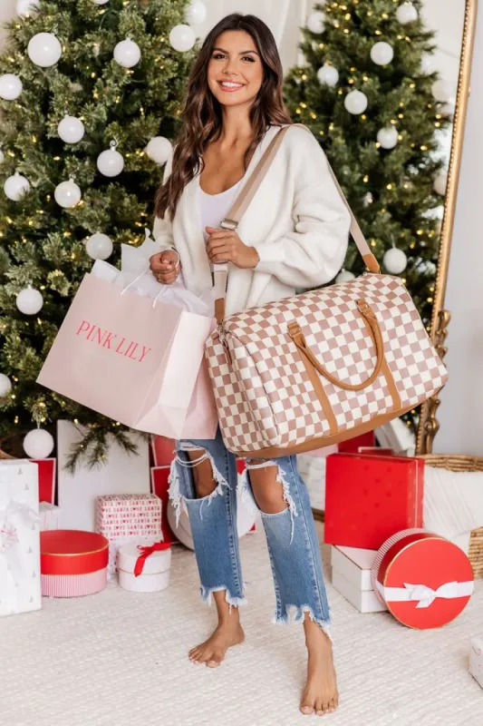 Boujee Weekend Away Camel Checkered Duffle Bag sold by Pink Lily