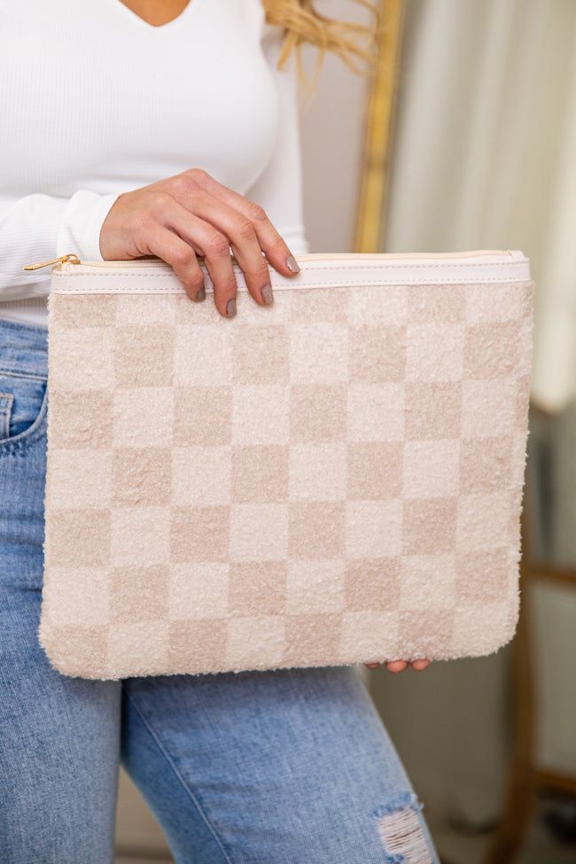 Fuzzy Nude Checkered Pouch sold by Pink Lily