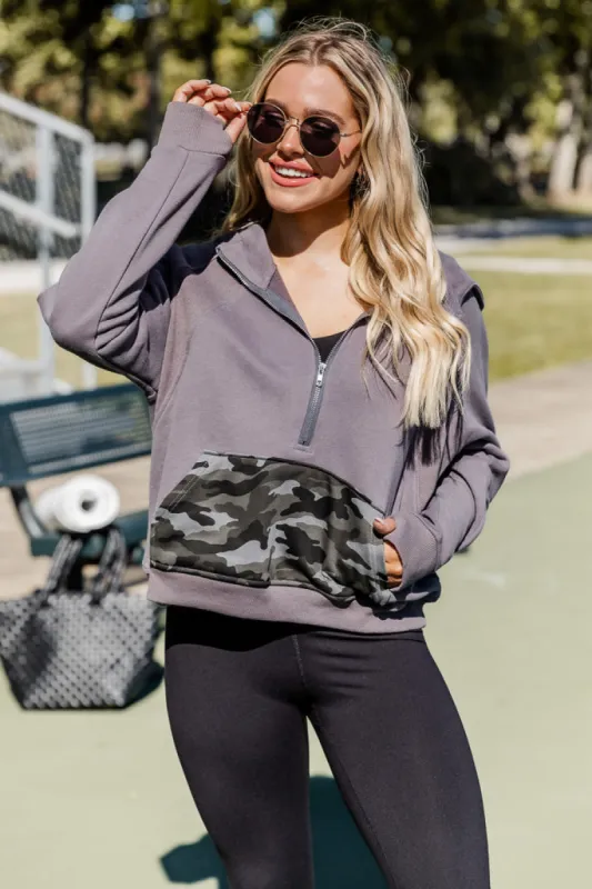 Making It Look Easy Camo Ribbed Shoulder Quarter Zip Pullover FINAL SALE sold by Pink Lily