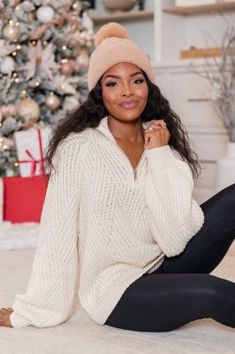 Going With The Season Cream Diamond Texture Quarter Zip Pullover FINAL SALE sold by Pink Lily