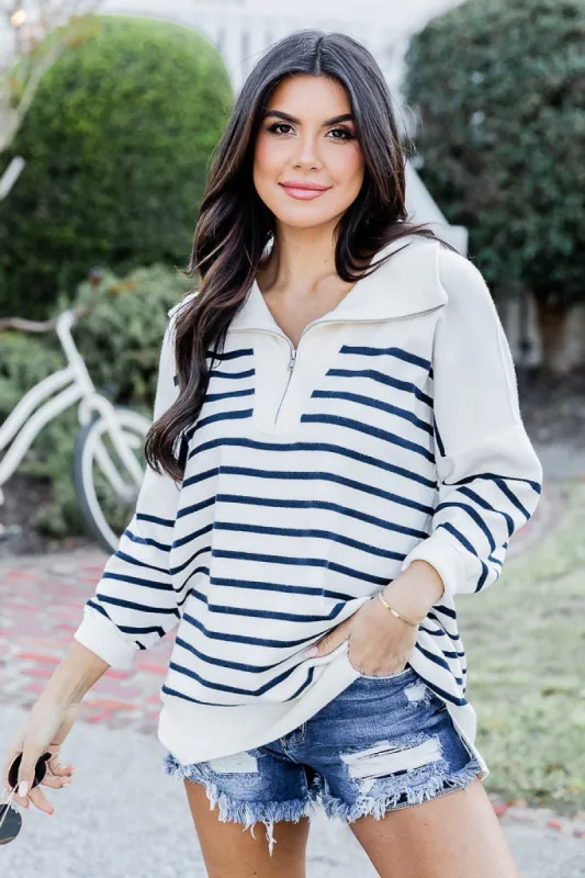 Pulling Heartstrings Ivory and Navy Stripe Quarter Zip Pullover sold by Pink Lily