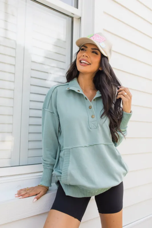 Just Go With It Olive Oversized Henley Pullover sold by Pink Lily