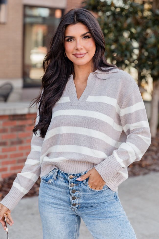 Follow Your Gaze Taupe Striped Collared Sweater FINAL SALE sold by Pink Lily product image thumbnail 3