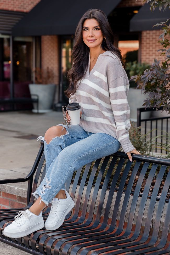 Follow Your Gaze Taupe Striped Collared Sweater FINAL SALE sold by Pink Lily product image thumbnail 2