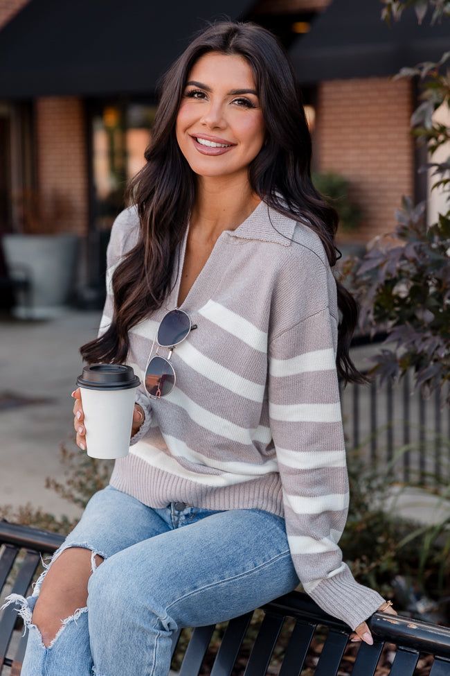 Follow Your Gaze Taupe Striped Collared Sweater FINAL SALE sold by Pink Lily